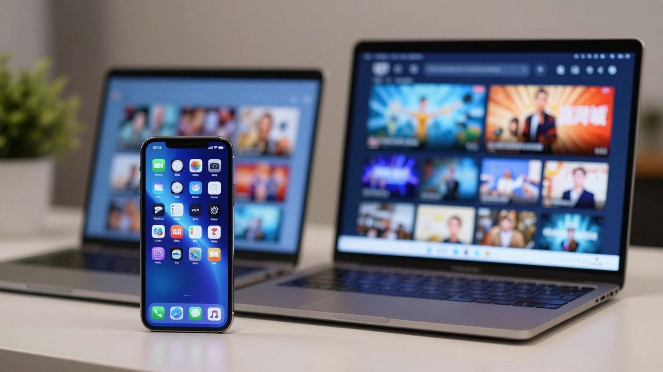 Smartphone and laptop displaying IPTV channels.