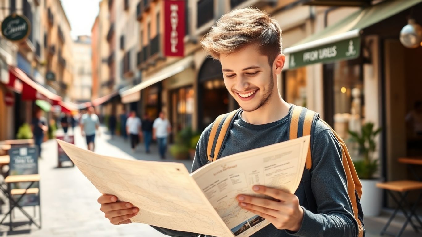 Turist tânăr analizează o hartă pe o stradă europeană.