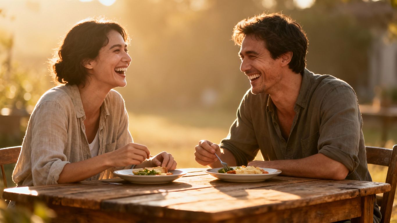 Couple laughing during a simple meal.