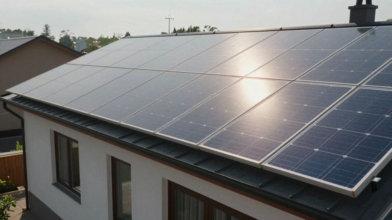 Panneaux solaires sur un toit ensoleillé, maison résidentielle.