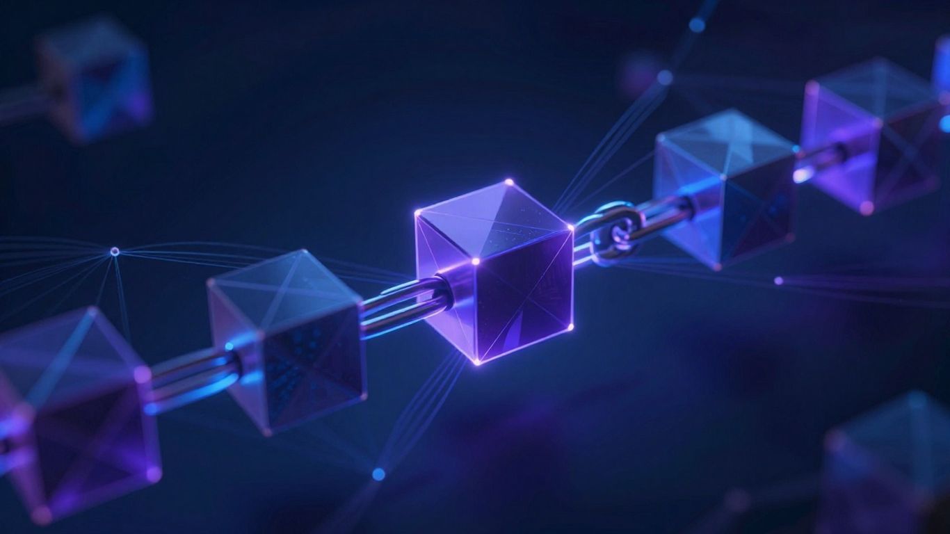 Rețea de blocuri digitale interconectate formând un lanț securizat.