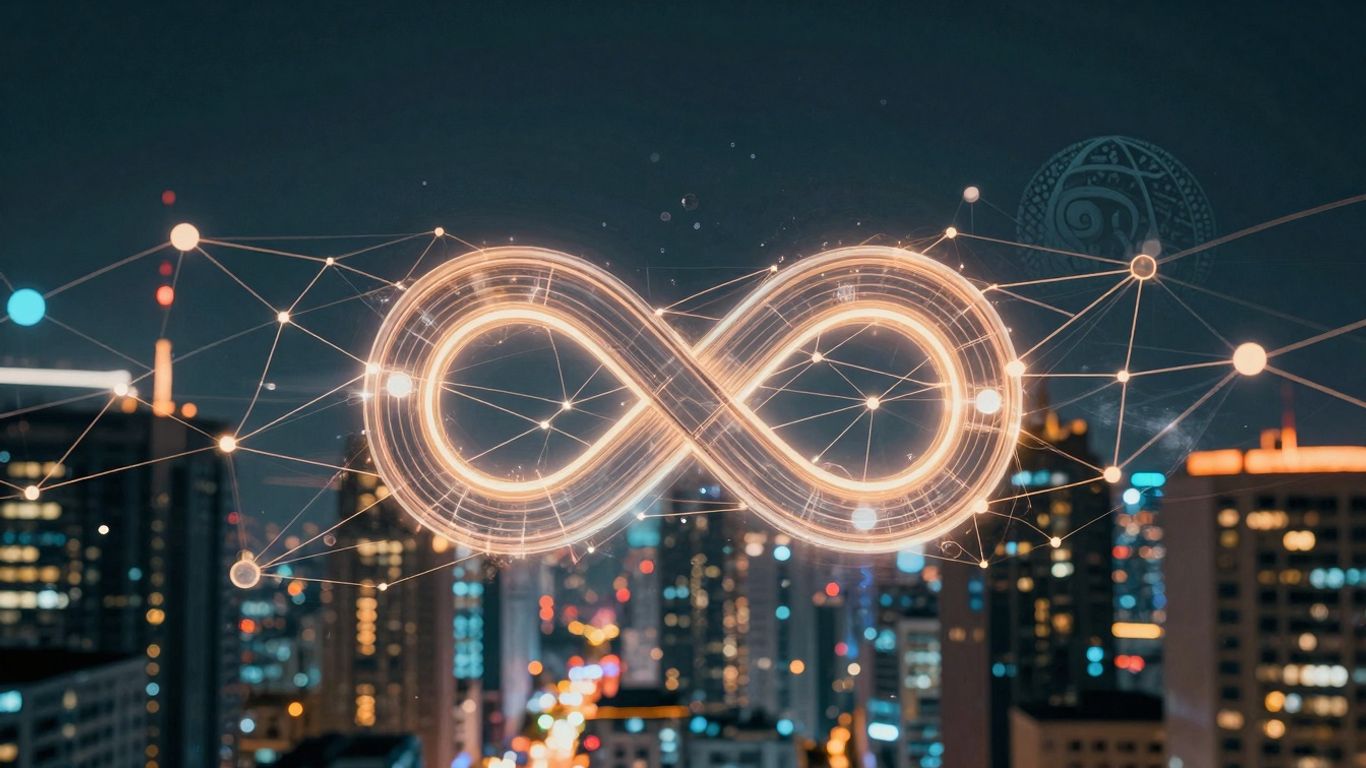 Digital cityscape with infinity symbol and crypto motifs.