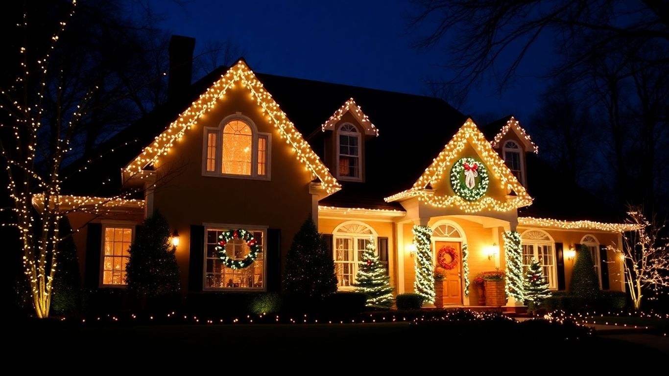House with permanent Christmas lights glowing at night.