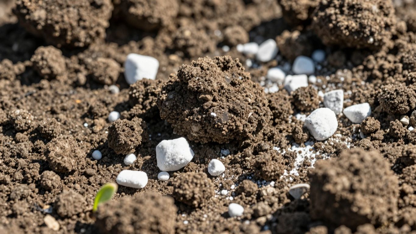 Solo calcário com partículas brancas e brotos verdes.