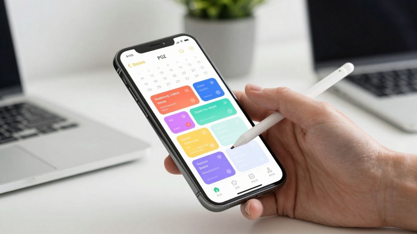 Smartphone calendar app with organized schedule and hand.