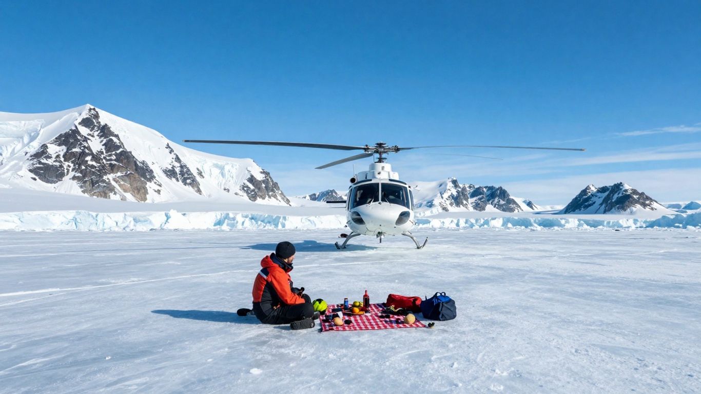Helicopter landing on arctic glacier for a picnic.