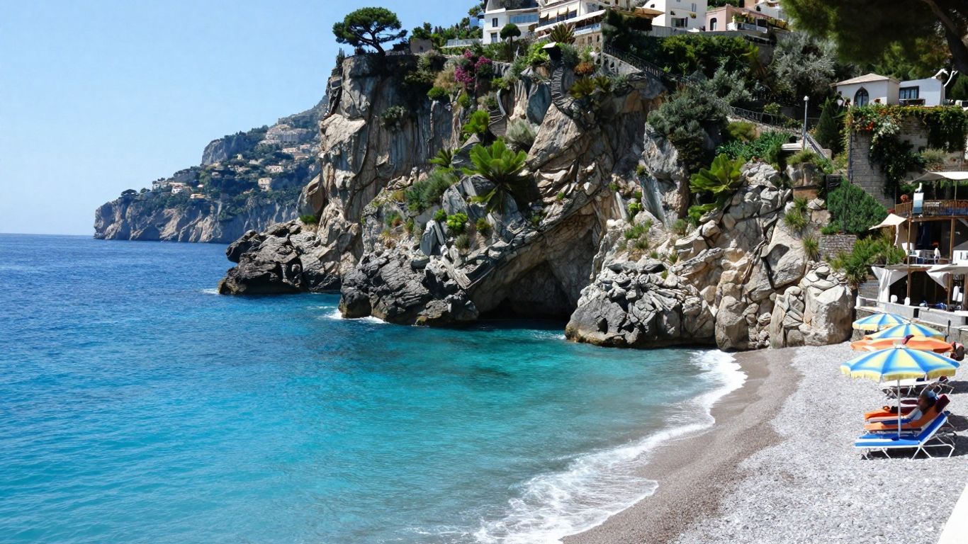 Secluded cove beach on Amalfi Coast with turquoise water.