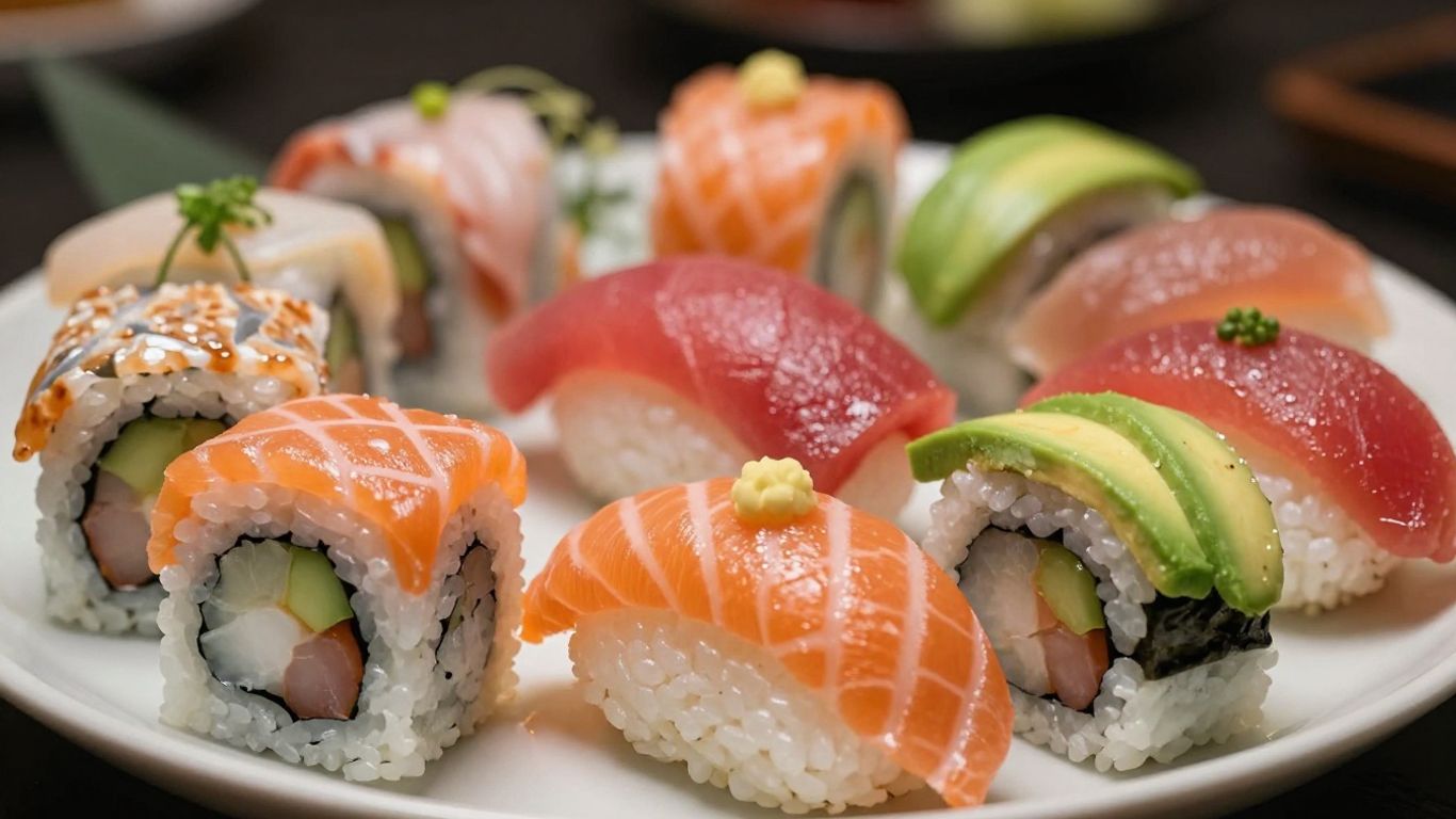 Assortiment de sushis avec poisson frais et garnitures.