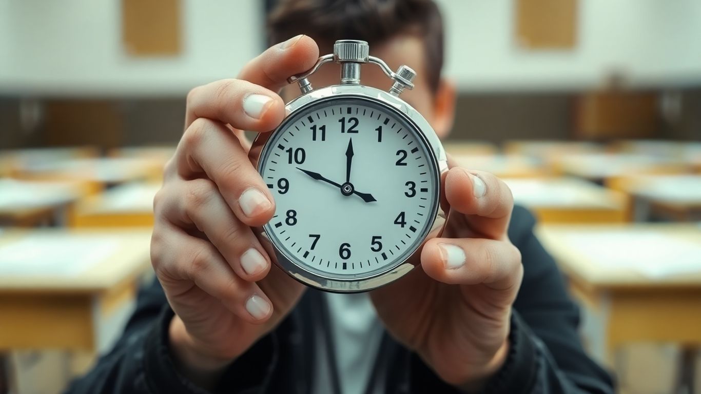 Person holding a stopwatch during an exam.