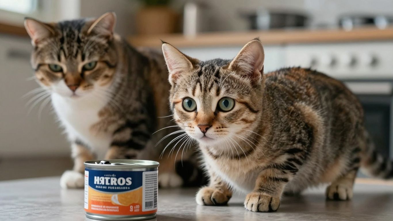 Kitten and cat looking at a can of tuna.