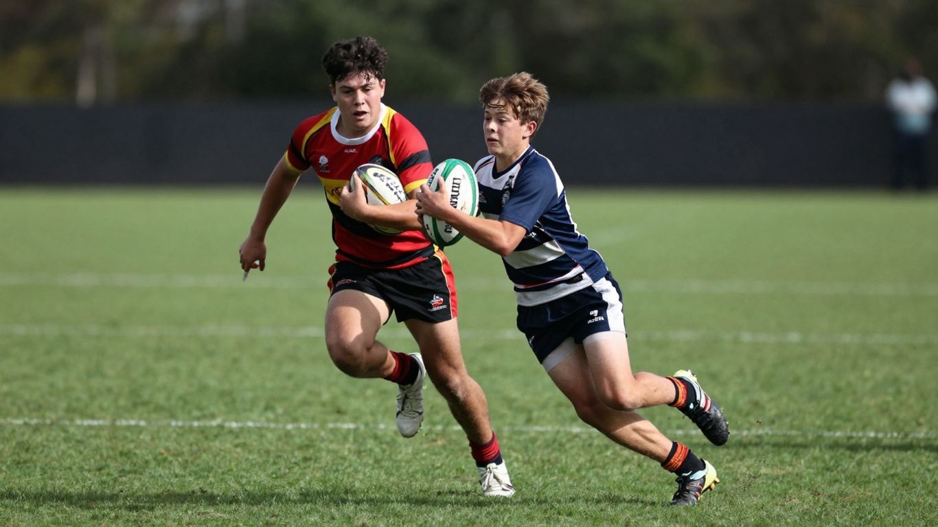 Schoolboys rugby league players in action on a field.