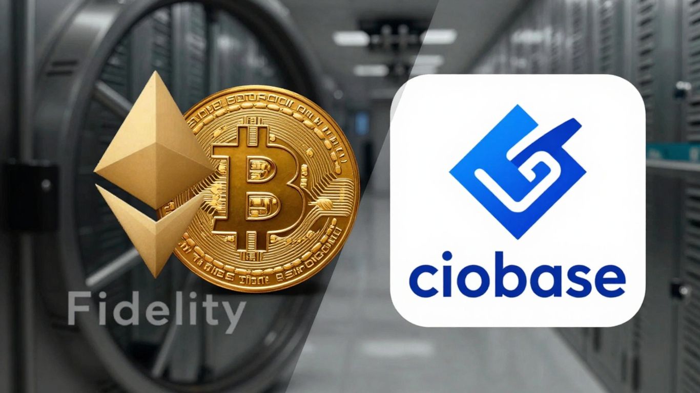 Fidelity and Coinbase logos with cryptocurrency symbols.