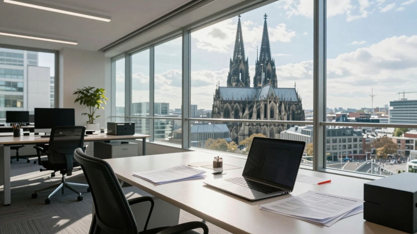 Kölner Dom und Büro mit Laptop
