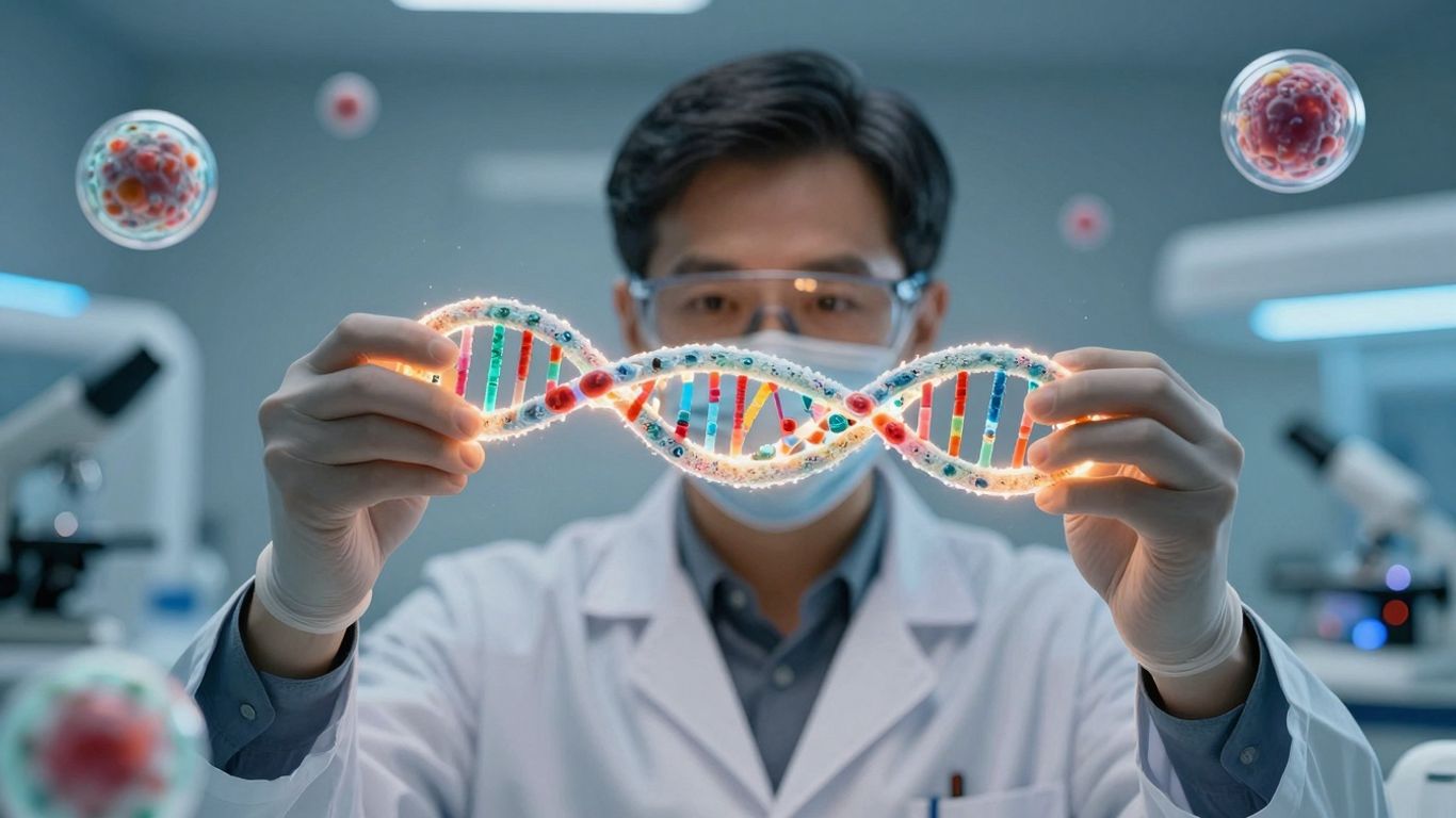 Scientist examining glowing DNA helix with futuristic medical equipment.