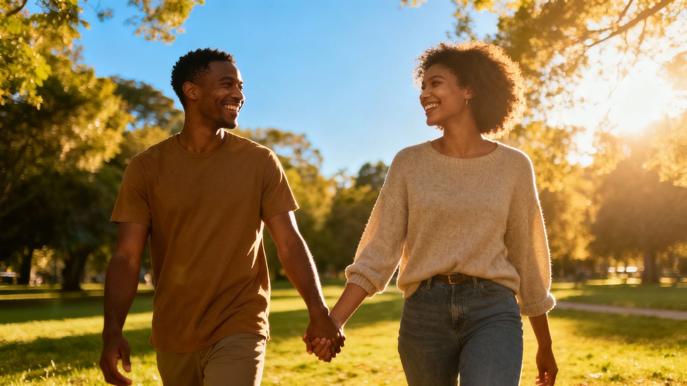 Couple holding hands in a park, smiling.