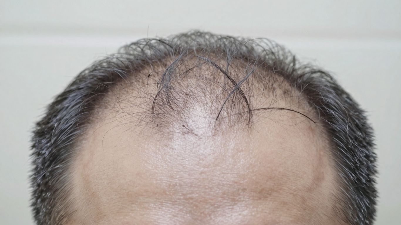 Man's scalp with healthy hair regrowth.