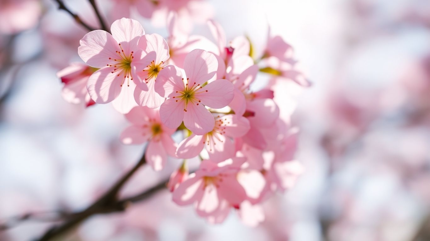 Close-up of delicate pink cherry blossoms in full bloom.