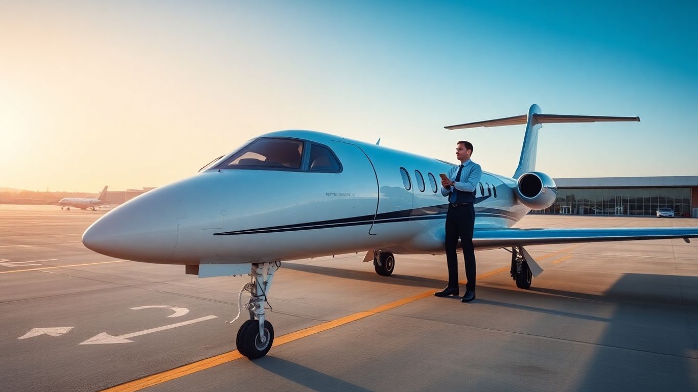 Pilot beside private jet on runway in sunlight