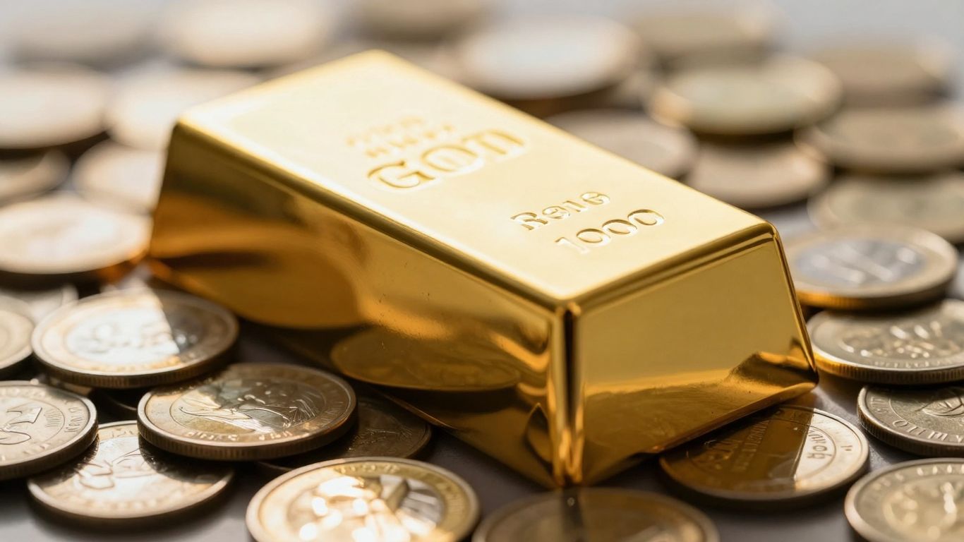 Lingote de ouro em moedas, refletindo a luz.