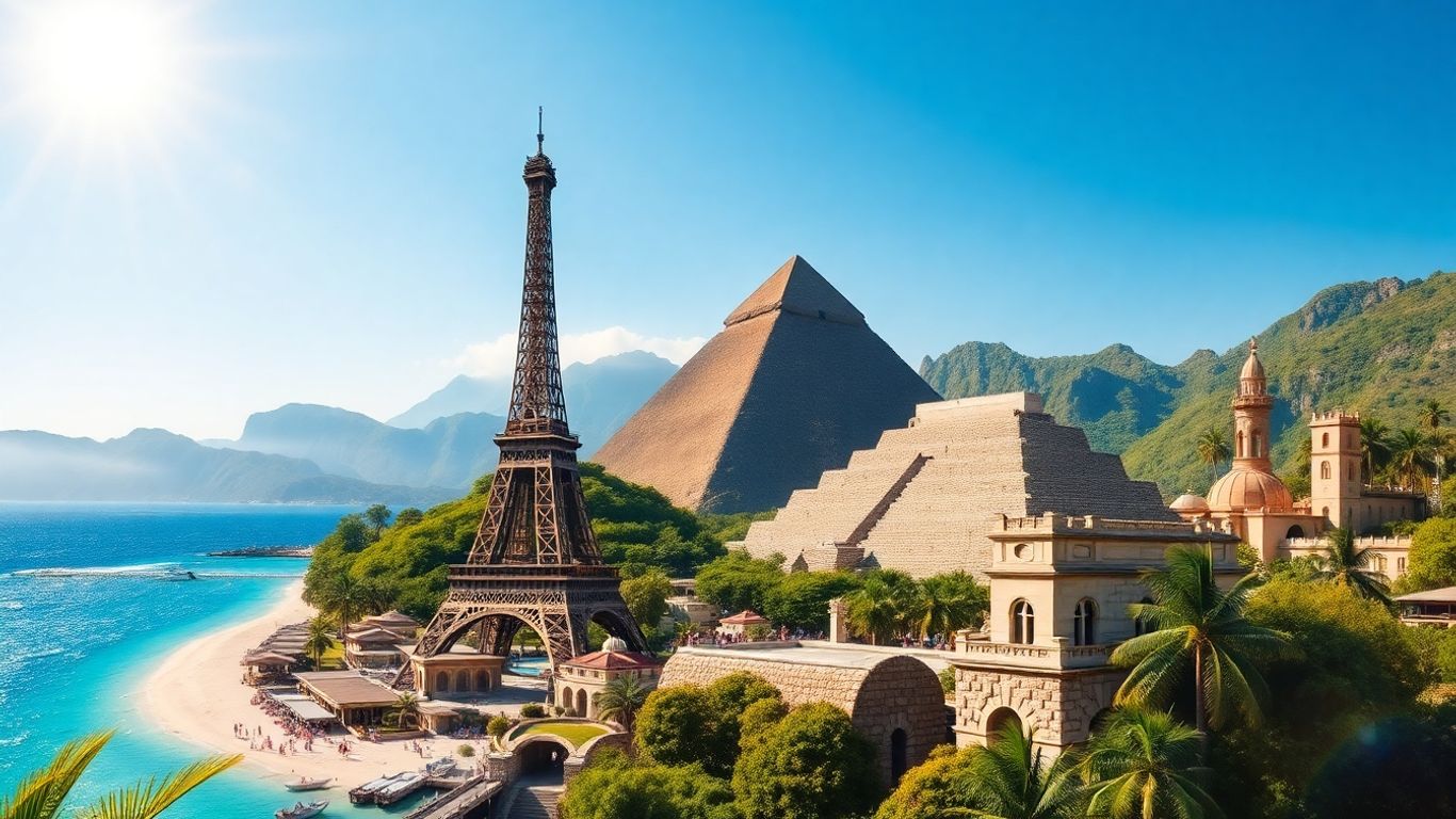 Collage of global landmarks and natural landscapes.