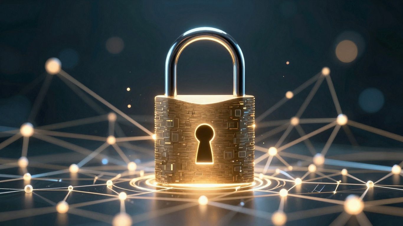 Blockchain network secured by a digital padlock.