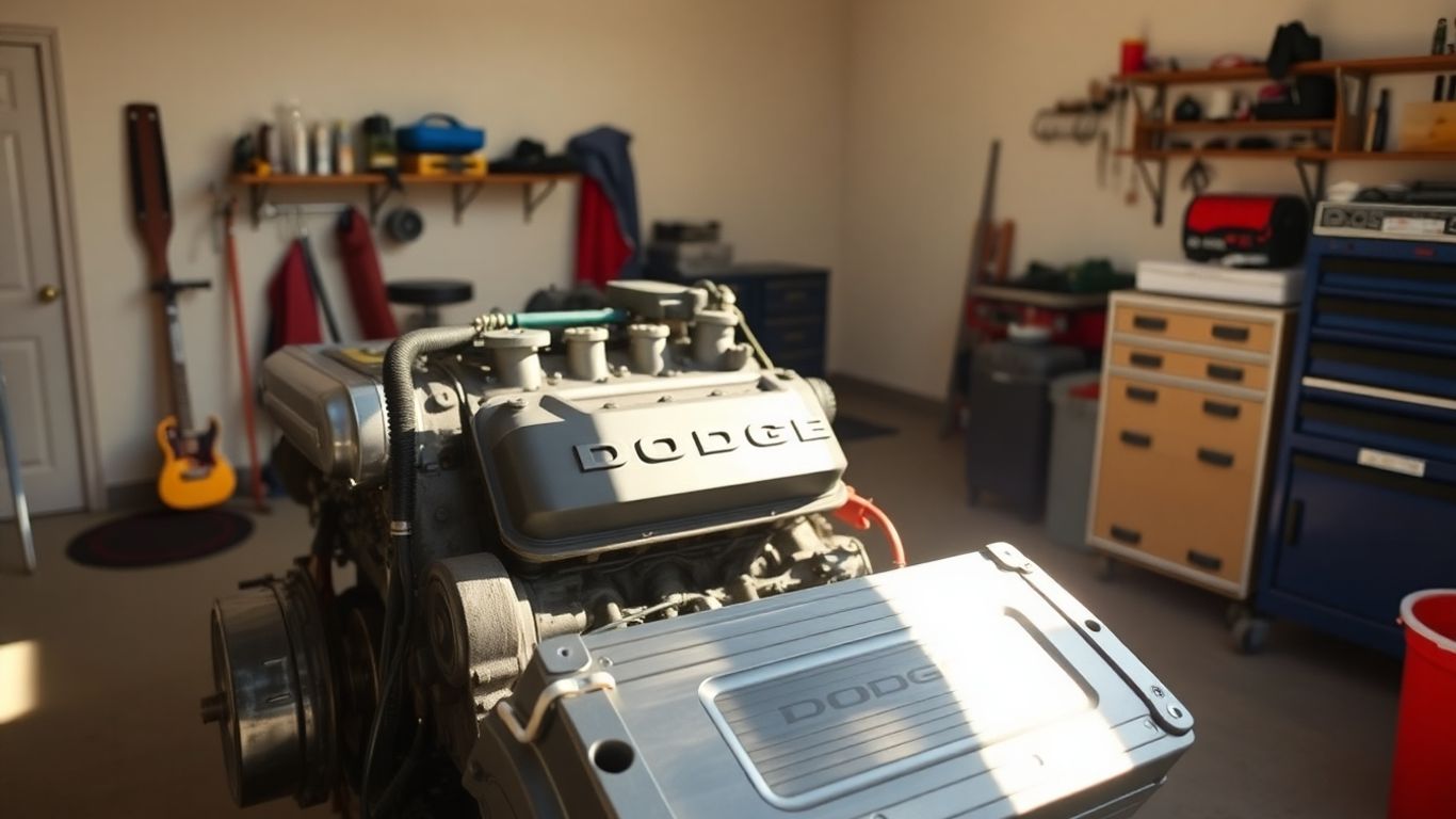 Dodge engine parts and tools in a garage