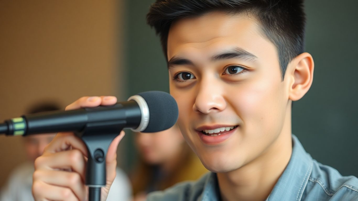 Student speaking confidently into a microphone for TOEFL.