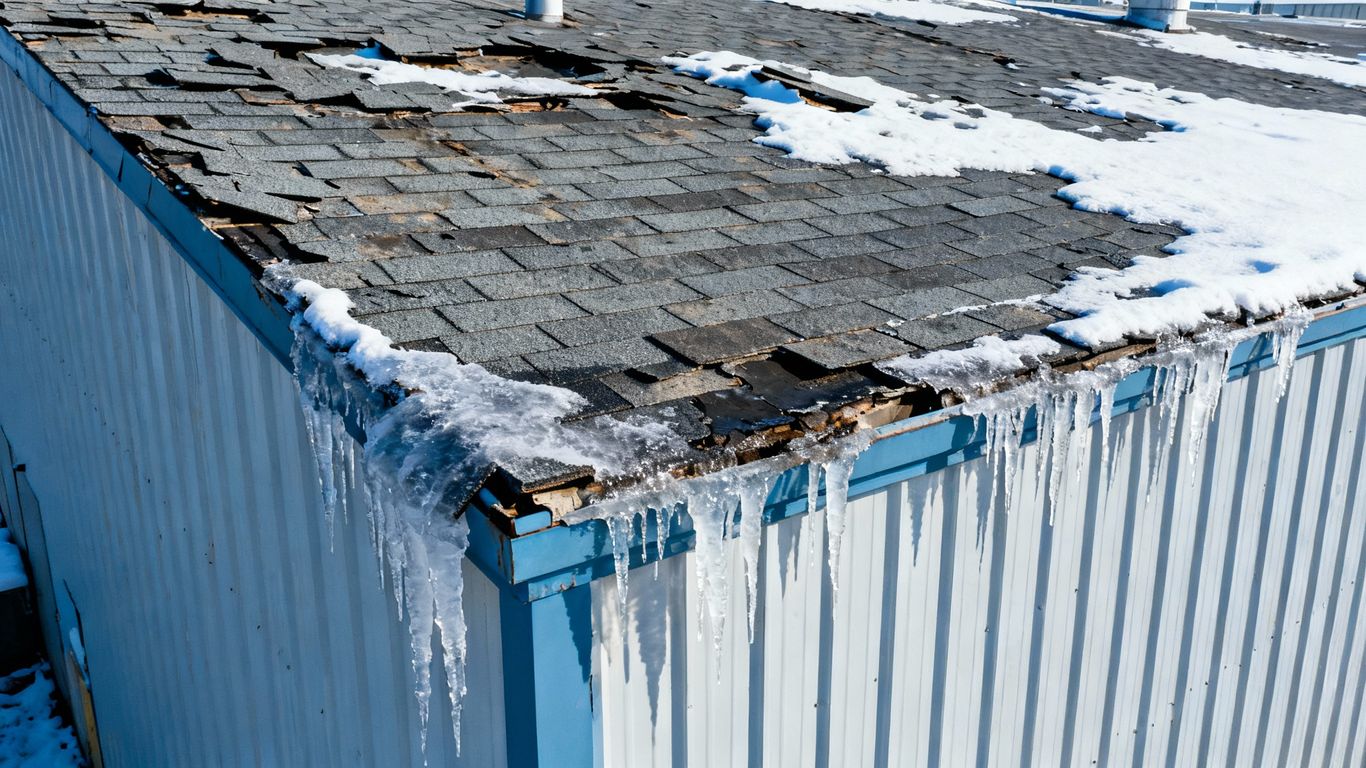 Winter damage on a commercial building's rooftop.