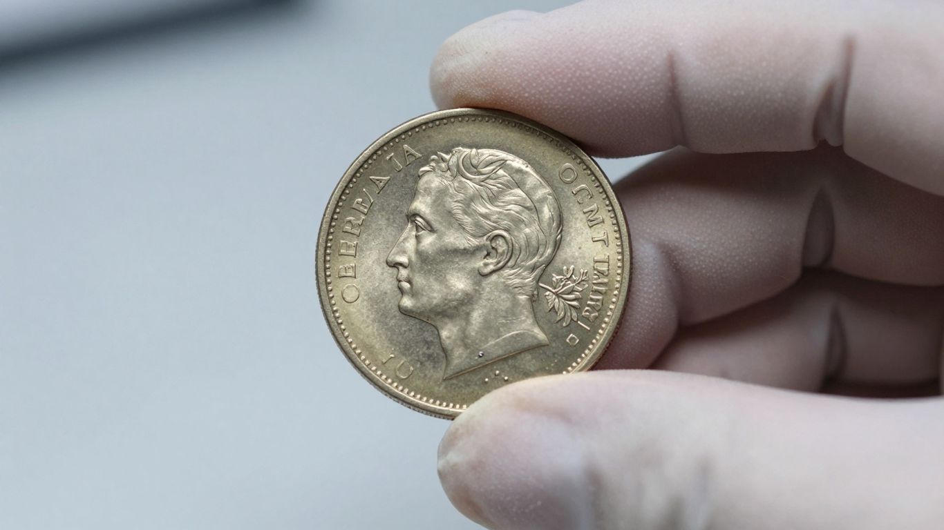 Close-up of gloved hand holding a detailed coin.