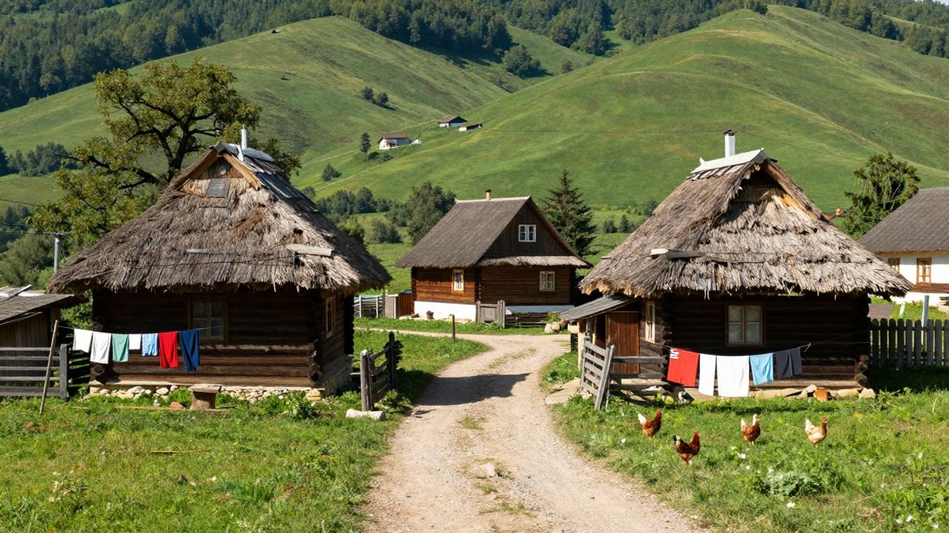Sat românesc tradițional cu case din lemn și dealuri verzi.