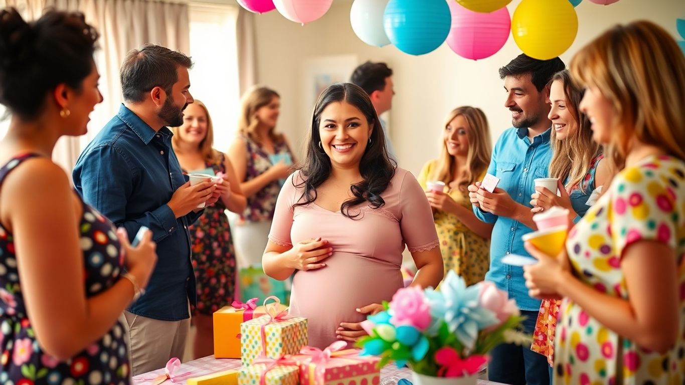 Joyful baby shower with gifts, decorations, and pregnant mother.