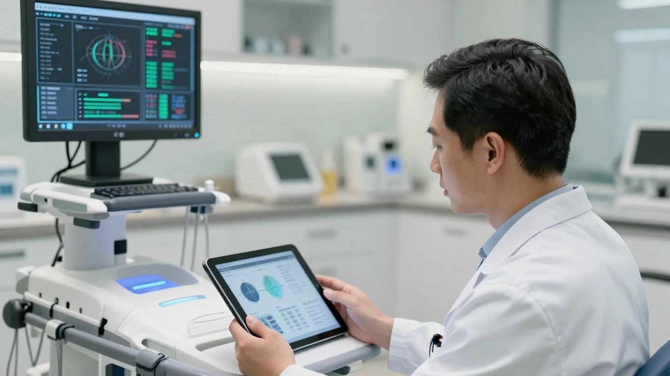 Dermatologist using advanced technology in a clinic.