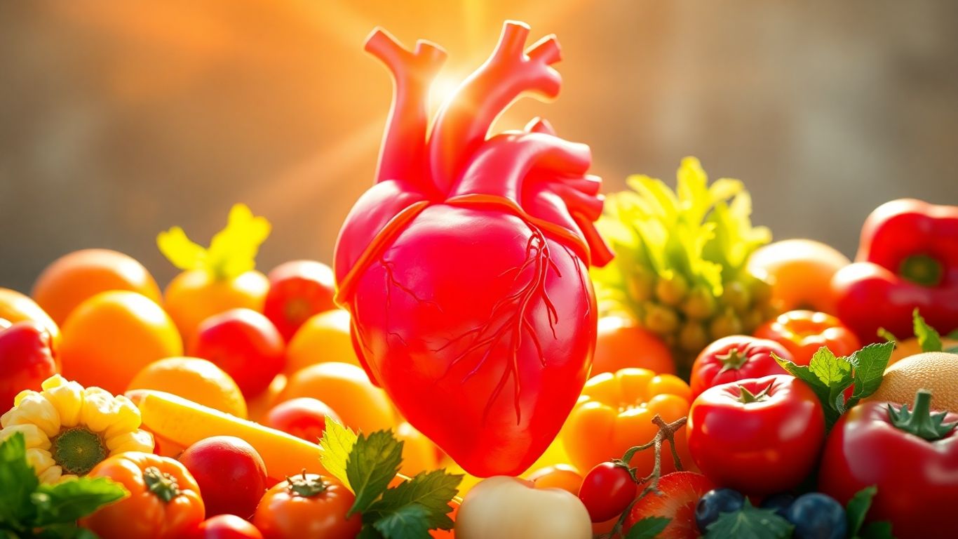 Healthy heart with clear arteries and fresh produce.