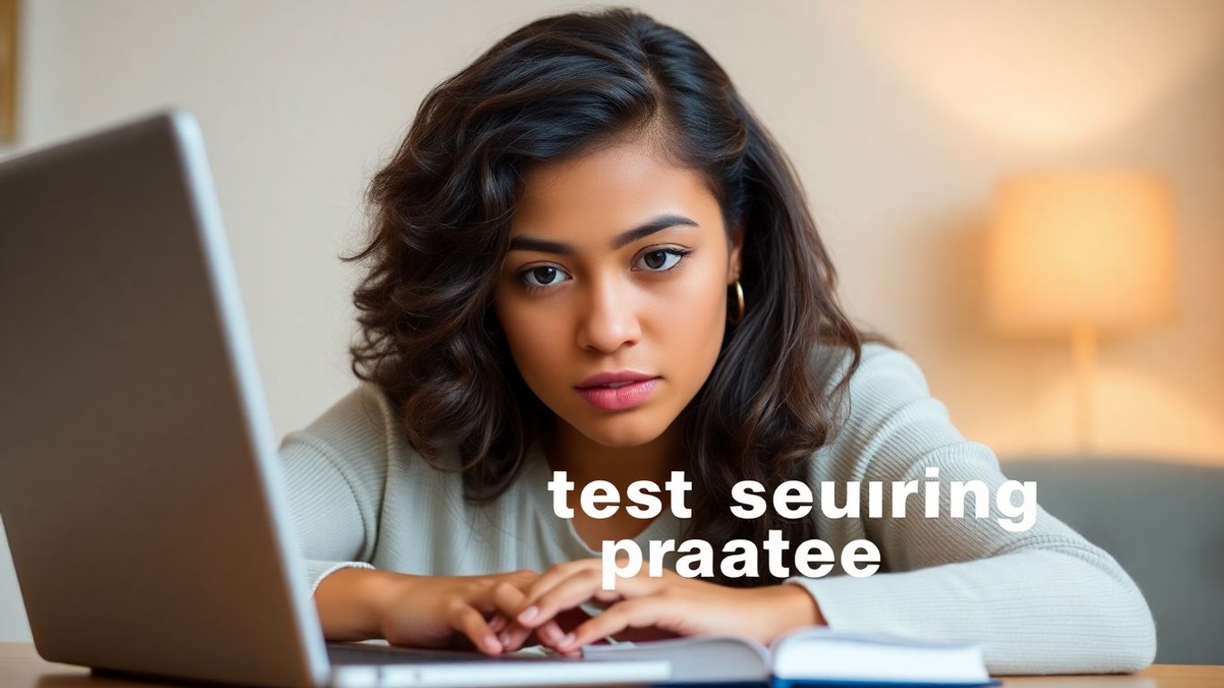 Person practicing for PTE exam on laptop.