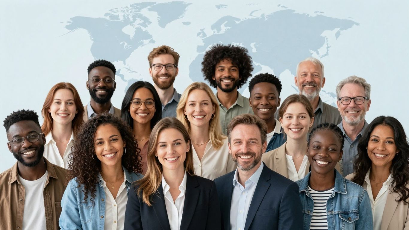 Diverse group of people celebrating global connection and success.