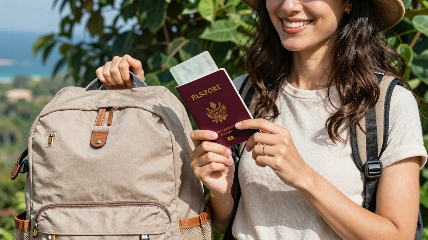 Kobieta z paszportem i plecakiem w tle krajobrazu.