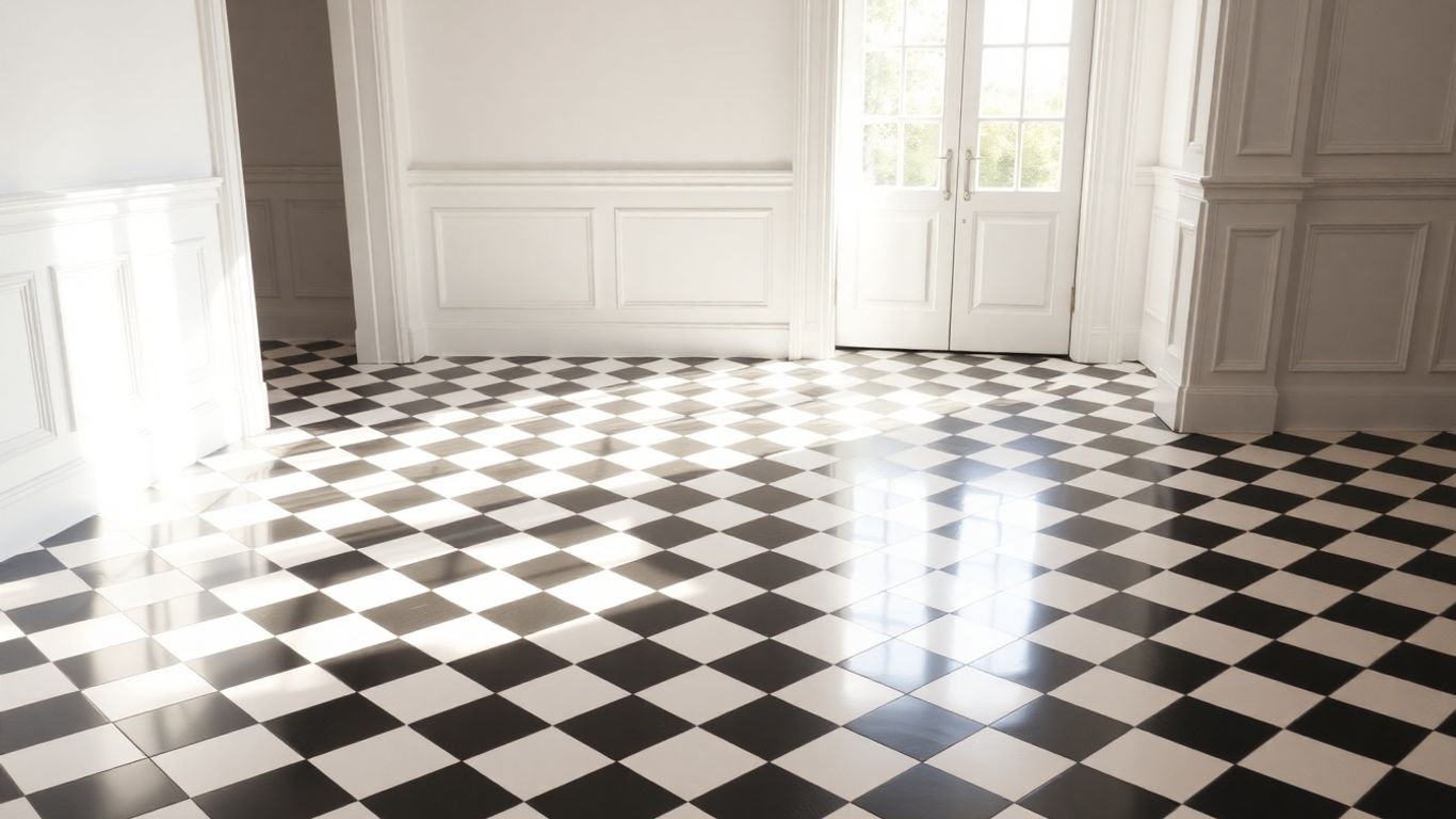 Classic checkerboard tile floor in a bright room.