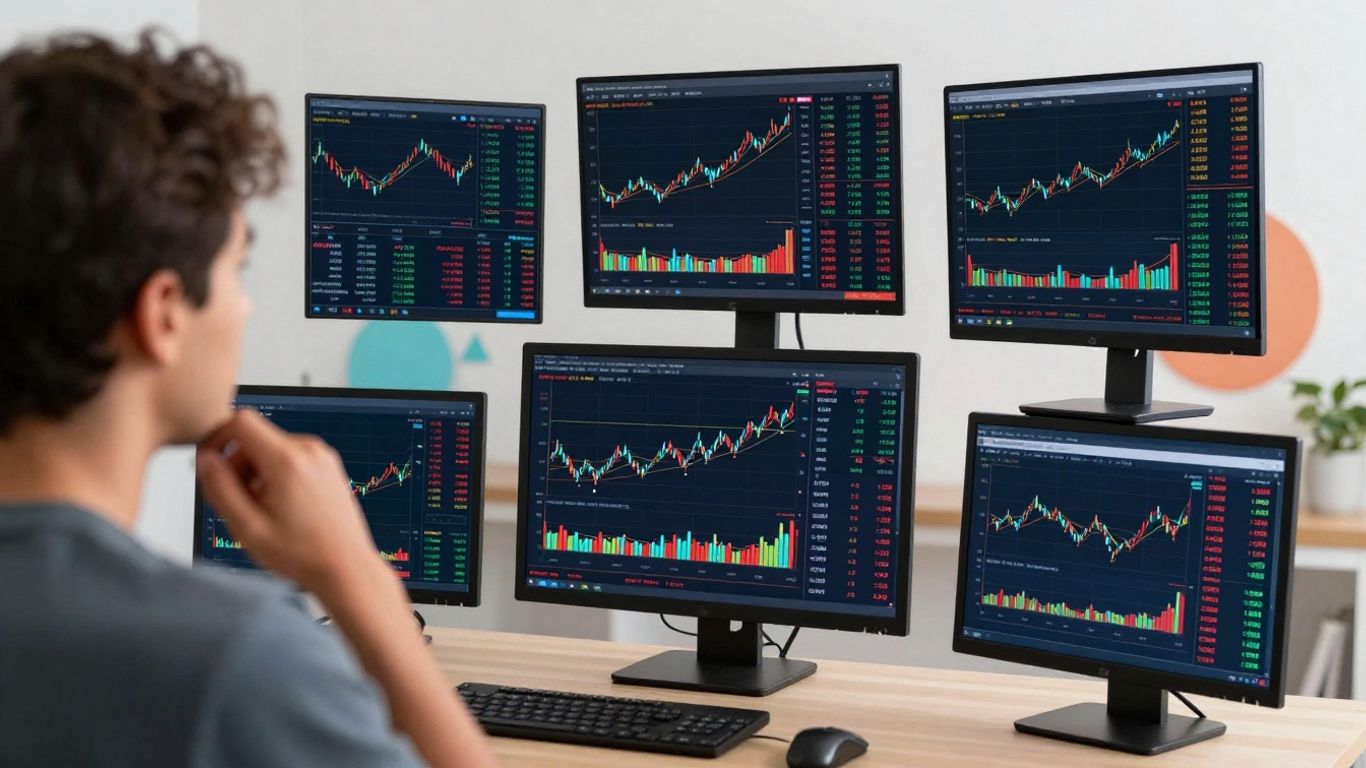 Person choosing a stock broker with financial data visuals.