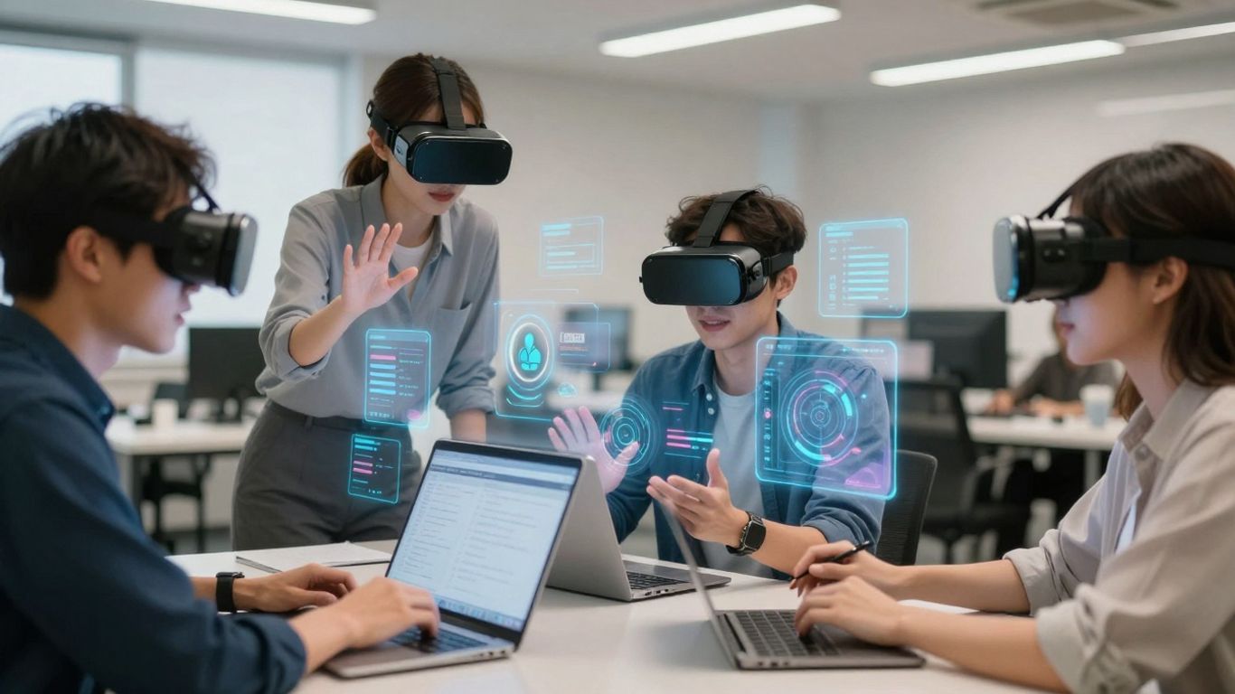 Oameni interacționând în realitate mixtă pentru colaborare.