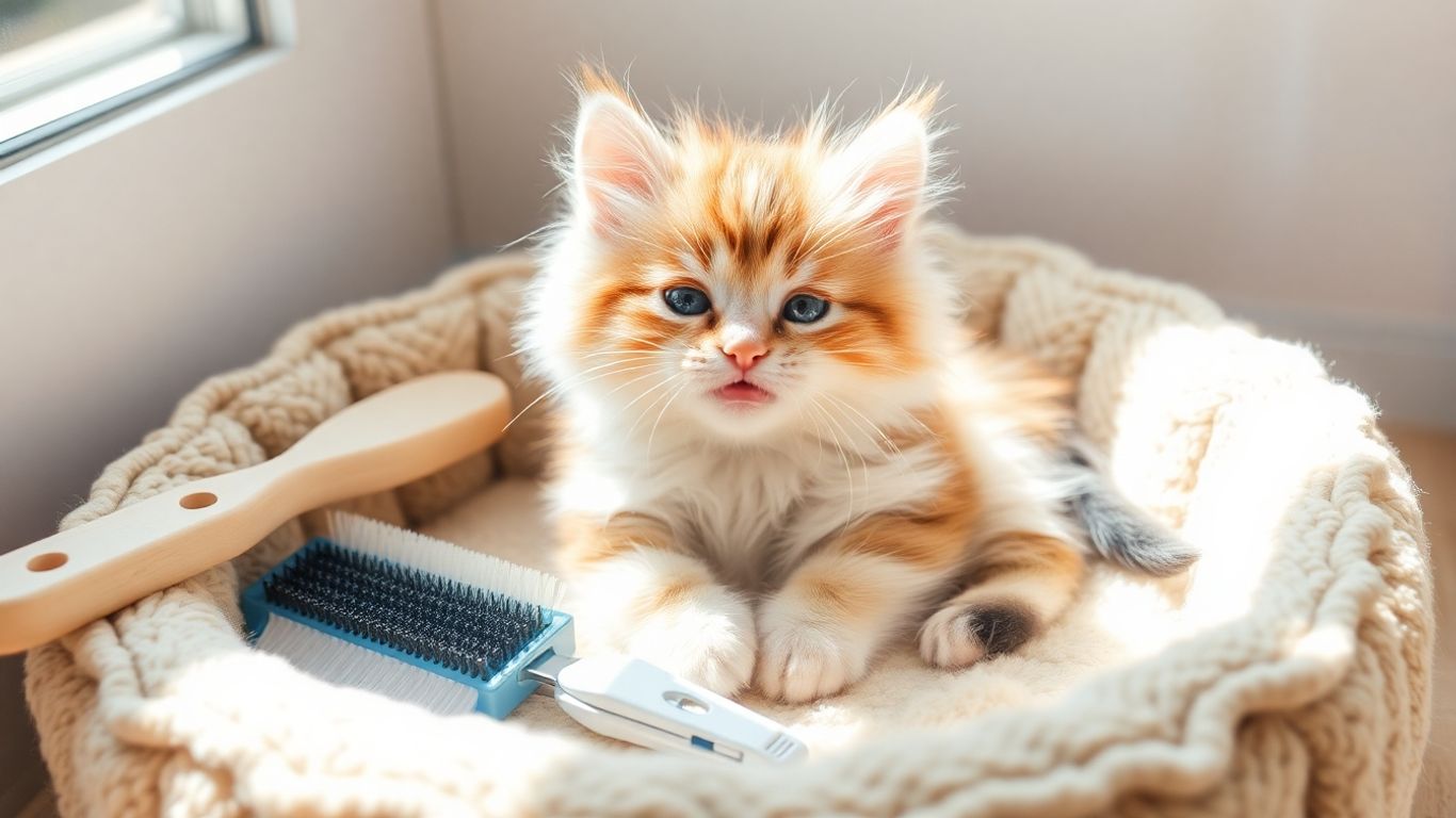 Kitten with grooming supplies in a cozy bed.