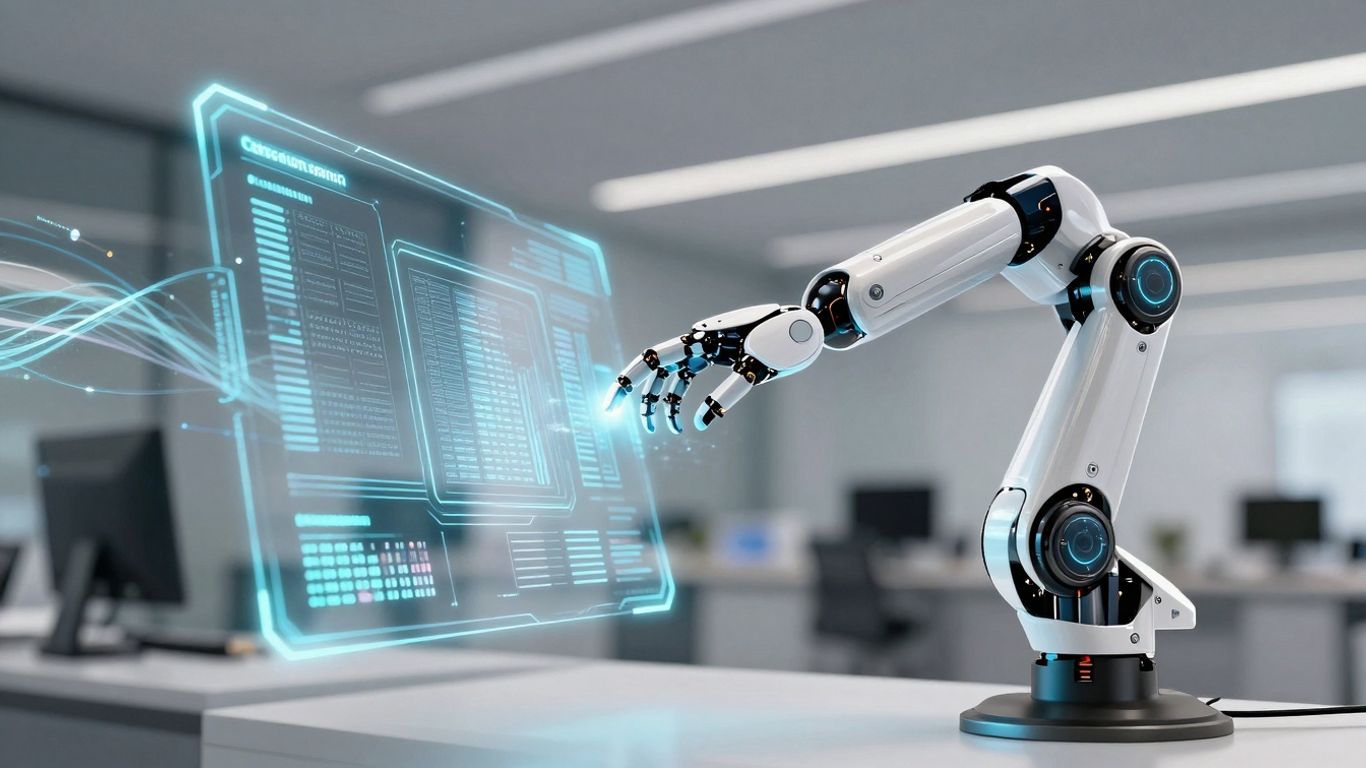 Robot interactuando con interfaces digitales de atención al cliente.