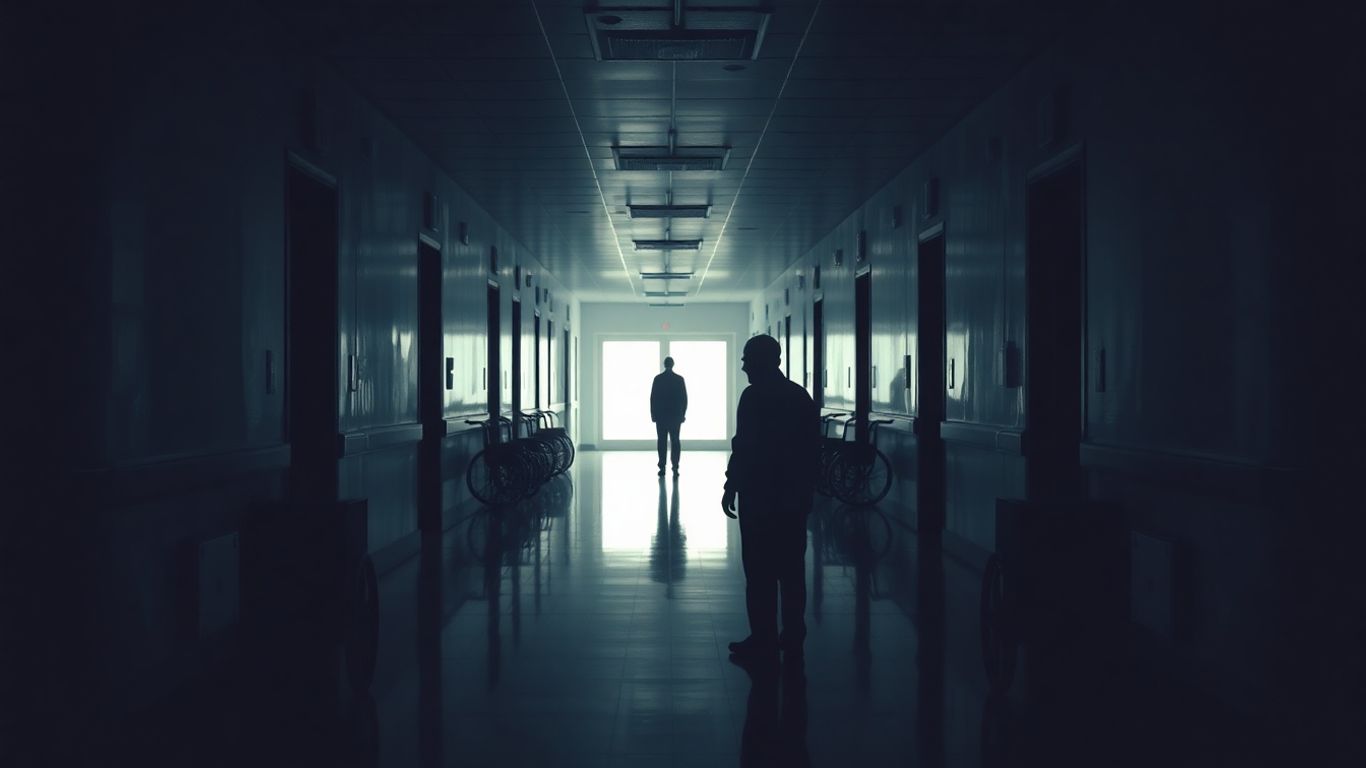Coridor de spital pustiu, cu o figură solitară.
