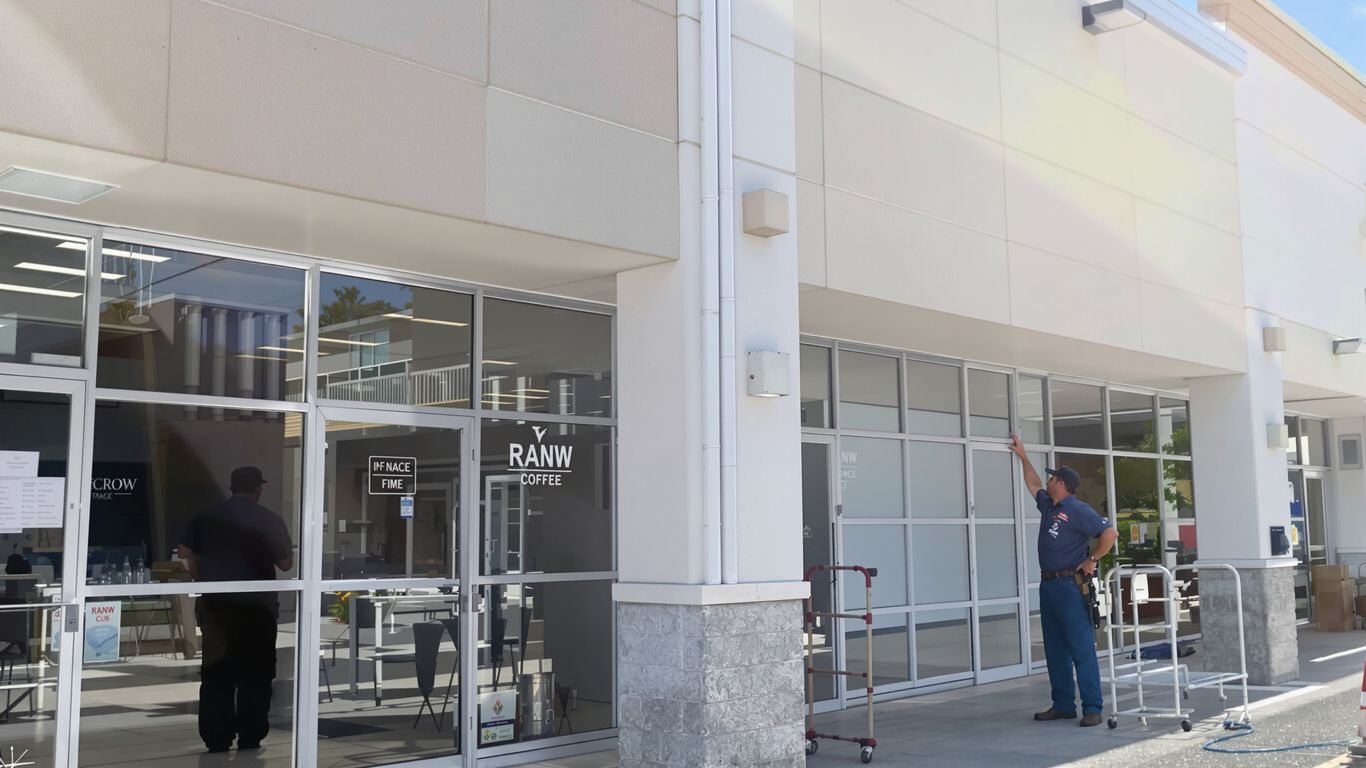 Plumber inspecting pipes outside a commercial building.