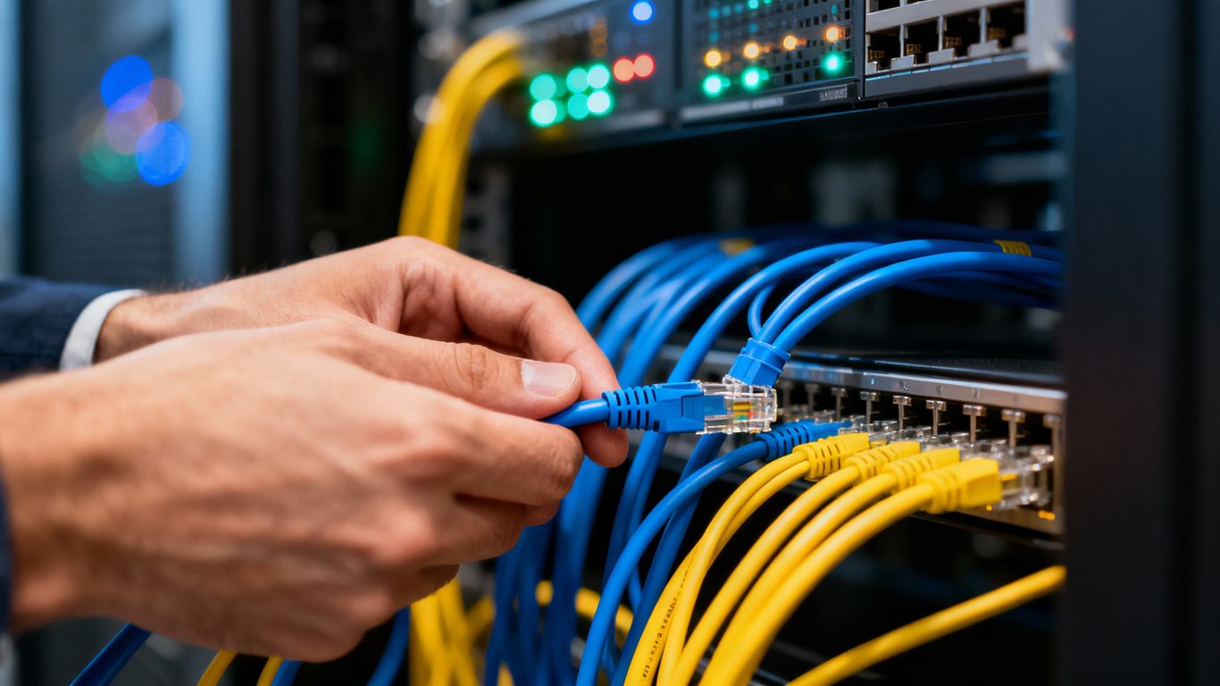 Technician connecting network cables in Dubai server room.