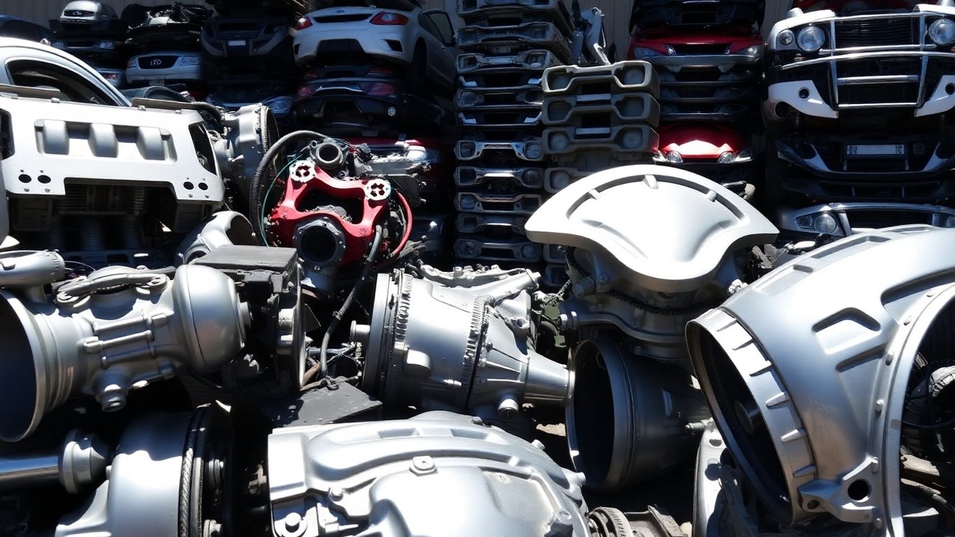 Chrysler car parts in a salvage yard.