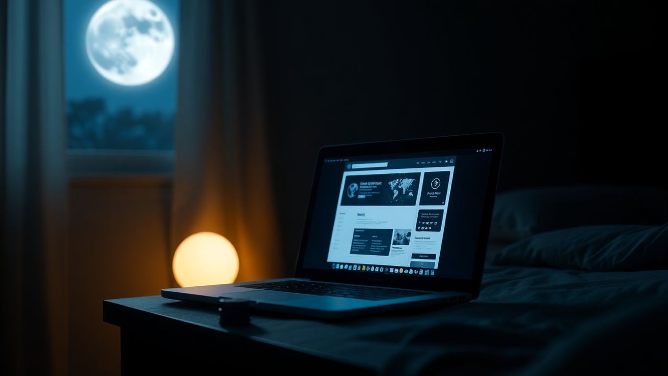 Laptop glowing in a dark room with coins.