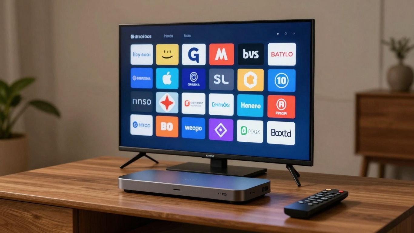 Android TV box with channel logos on screen