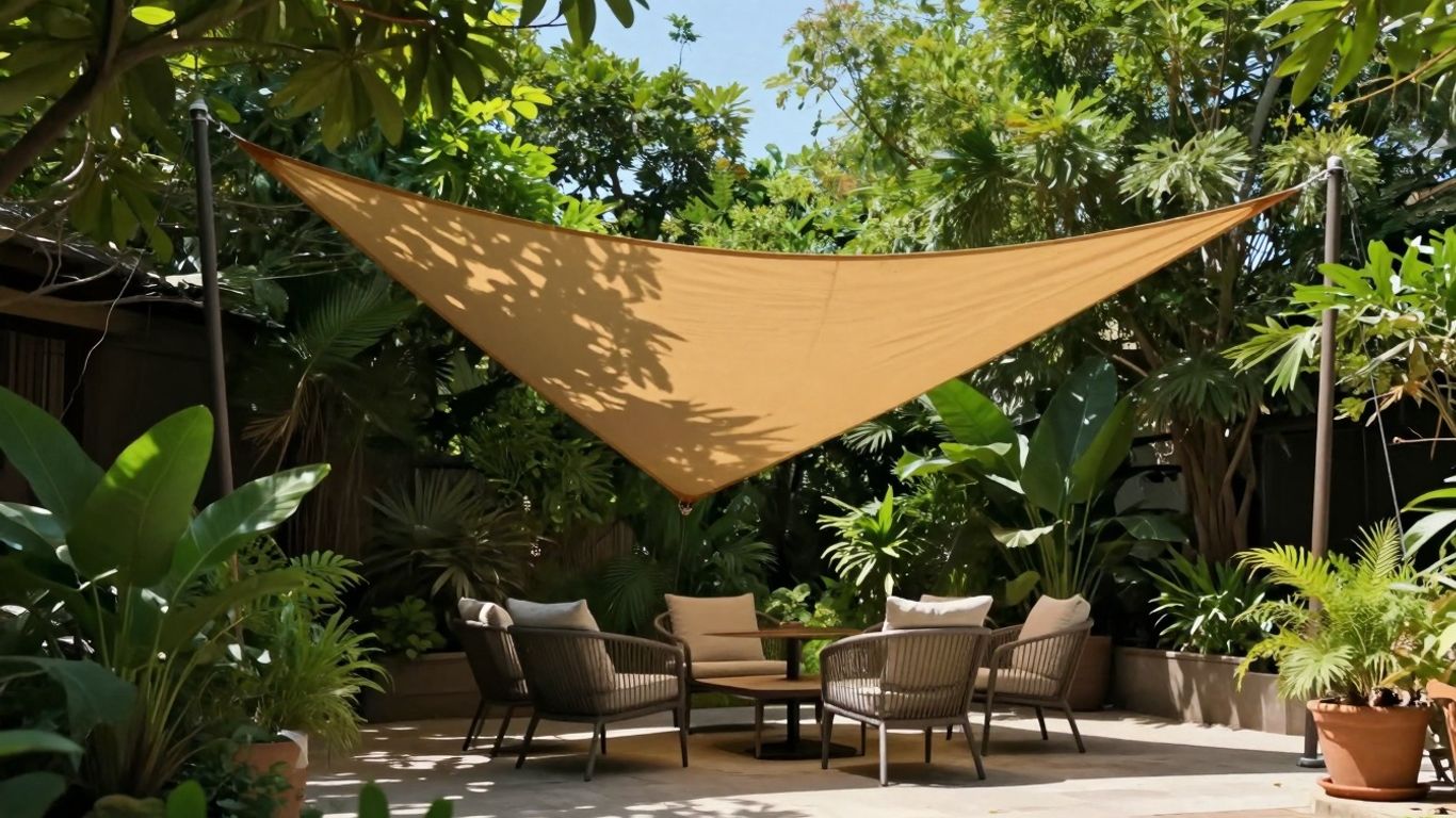 Triangular sun shade sail over a patio.