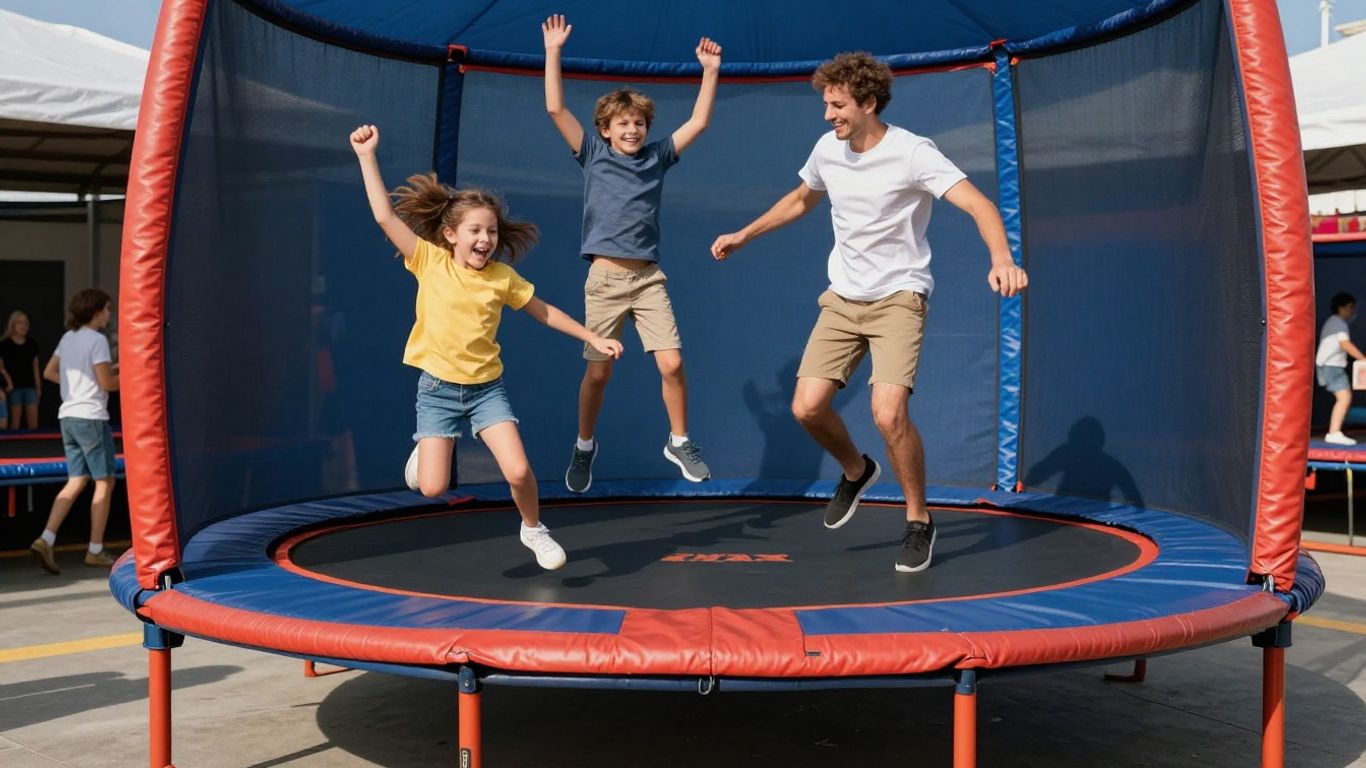 Black Friday trampoline deals with happy family jumping.