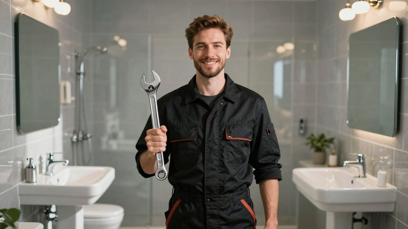 Plumber with wrench in modern bathroom.